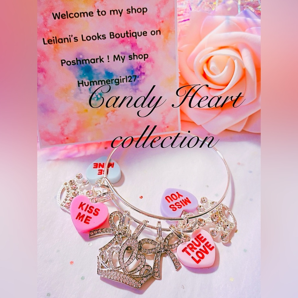 Silver bangle bracelet/Valentines day/gifts/candy hearts/